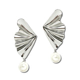 Stainless Steel Fluted Fan Pearl Drop Earrings – Silver · SSE368R_IVY 4