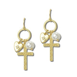 EW72497GD 5 · Pearl Cross And Heart Charm Earrings – Matt Gold/Clear Pearl