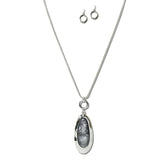 NE8175S_JM 5 · Oval Stone Pendant Necklace Set – Silver/Gray