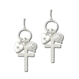 EW72497SV 6 · Pearl Cross And Heart Charm Earrings – Matt Silver/Clear Pearl