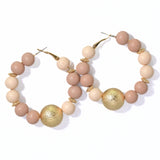 100034, BALL WOOD BEAD ROUND HOOP EARRING