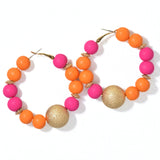 100034, BALL WOOD BEAD ROUND HOOP EARRING