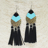 84254, CHEVRON N LEOPARD PRINT WOODEN TASSEL EARRING