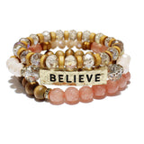 84729, "BELIEVE" GLASS N WOOD BEAD STRETCH BRACELET SET