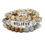 84729, "BELIEVE" GLASS N WOOD BEAD STRETCH BRACELET SET