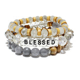 84731, "BLESSED" GLASS N WOOD BEAD STRETCH BRACELET SET