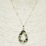 84849, OPEN TEARDROP PRESSED FLOWER PENDANT NECKLACE