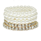 84885, RHINESTONE N PEARL MULTI LAYERED STRETCH BRACELET