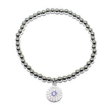 84963, PAVE EVIL EYE CHARM BALL BEAD STRETCH BRACELET *STAINLESS STEEL