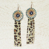 85087, WESTERN SUNFLOWER FAUX LEATHER W/ TASSEL EARRING