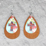 85253, CROSS PRINT WOOD TEARDROP EARRING