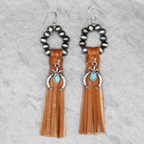 85254, WESTERN SQUASH BLOSSOM W/ FAUX LEATHER TASSEL EARRING