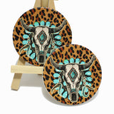 85519, STEER HEAD LEOPARD PRINT WESTERN CAR COASTER