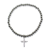 85642, PAVE CROSS CHARM W/ BALL BEAD STRETCH BRACELET *STAINLESS STEEL