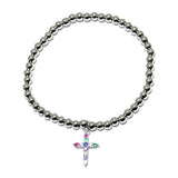 85642, PAVE CROSS CHARM W/ BALL BEAD STRETCH BRACELET *STAINLESS STEEL
