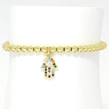85643, PAVE HAMSA CHARM W/ BALL BEAD STRETCH BRACELET *STAINLESS STEEL