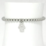 85643, PAVE HAMSA CHARM W/ BALL BEAD STRETCH BRACELET *STAINLESS STEEL