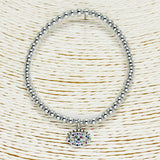 85653, PAVE EVIL EYE CHARM W/ BALL BEAD STRETCH BRACELET *STAINLESS STEEL