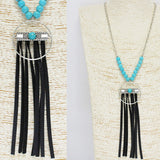 85851, WESTERN FAUX LEATHER TASSEL LONG PENDANT NECKLACE