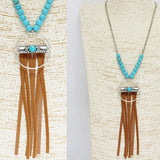 85851, WESTERN FAUX LEATHER TASSEL LONG PENDANT NECKLACE
