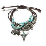 86027, STEER HEAD N ELEPHANT CHARM WESTERN MULTI BEAD ADJUSTABLE BRACELET