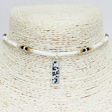 86075, LEOPARD PRINT RECTANGLE CHARM W/ SEED BEAD CHOKER NECKLACE