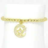 86468, STAR N MOON CHARM STAINLESS STEEL BEAD STRETCH BRACELET