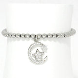 86468, STAR N MOON CHARM STAINLESS STEEL BEAD STRETCH BRACELET