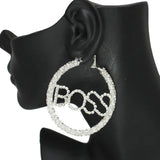 86575, "BOSS" RHINESTONE HOOP EARRING