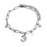86887, PAVE CZ CRESCENT MOON CHARM BRACELET *STAINLESS STEEL