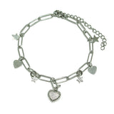 86888, PAVE CZ HEART CHARM BRACELET *STAINLESS STEEL
