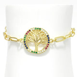86890, PAVE CUBIC ZIRCONIA TREE OF LIFE CHAIN BRACELET *STAINLESS STEEL