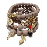 87026, HANDBAG & LIPSTICK CHARM MULTI LAYERED BEAD STRETCH BRACELET