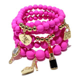 87026, HANDBAG & LIPSTICK CHARM MULTI LAYERED BEAD STRETCH BRACELET