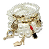 87026, HANDBAG & LIPSTICK CHARM MULTI LAYERED BEAD STRETCH BRACELET