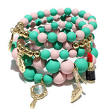 87026, HANDBAG & LIPSTICK CHARM MULTI LAYERED BEAD STRETCH BRACELET