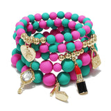 87026, HANDBAG & LIPSTICK CHARM MULTI LAYERED BEAD STRETCH BRACELET
