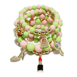 87026, HANDBAG & LIPSTICK CHARM MULTI LAYERED BEAD STRETCH BRACELET