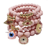 87027, EVIL EYE CHARM MULTI LAYERED BEAD STRETCH BRACELET