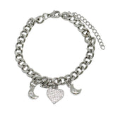 87554, HEART N CRESCENT MOON CHARM STAINLESS STEEL BRACELET