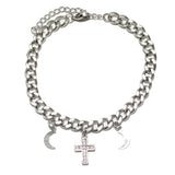 87559, CROSS N CRESCENT MOON CHARM STAINLESS STEEL BRACELET