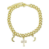 87559, CROSS N CRESCENT MOON CHARM STAINLESS STEEL BRACELET