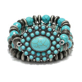 87648, WESTERN SQUASH BLOSSOM TURQUOISE STONE 3PCS STRETCH BRACELET SET