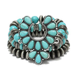 87648, WESTERN SQUASH BLOSSOM TURQUOISE STONE 3PCS STRETCH BRACELET SET