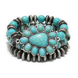 87648, WESTERN SQUASH BLOSSOM TURQUOISE STONE 3PCS STRETCH BRACELET SET