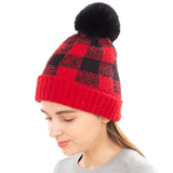 87825, BUFFALO PLAID KNITTED BEANIE HAT W/ POM