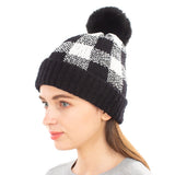 87825, BUFFALO PLAID KNITTED BEANIE HAT W/ POM