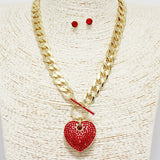87828, HEART PAVE RHINESTONE PENDANT CHAIN TOGGLE NECKLACE