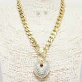 87828, HEART PAVE RHINESTONE PENDANT CHAIN TOGGLE NECKLACE