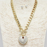 87828, HEART PAVE RHINESTONE PENDANT CHAIN TOGGLE NECKLACE